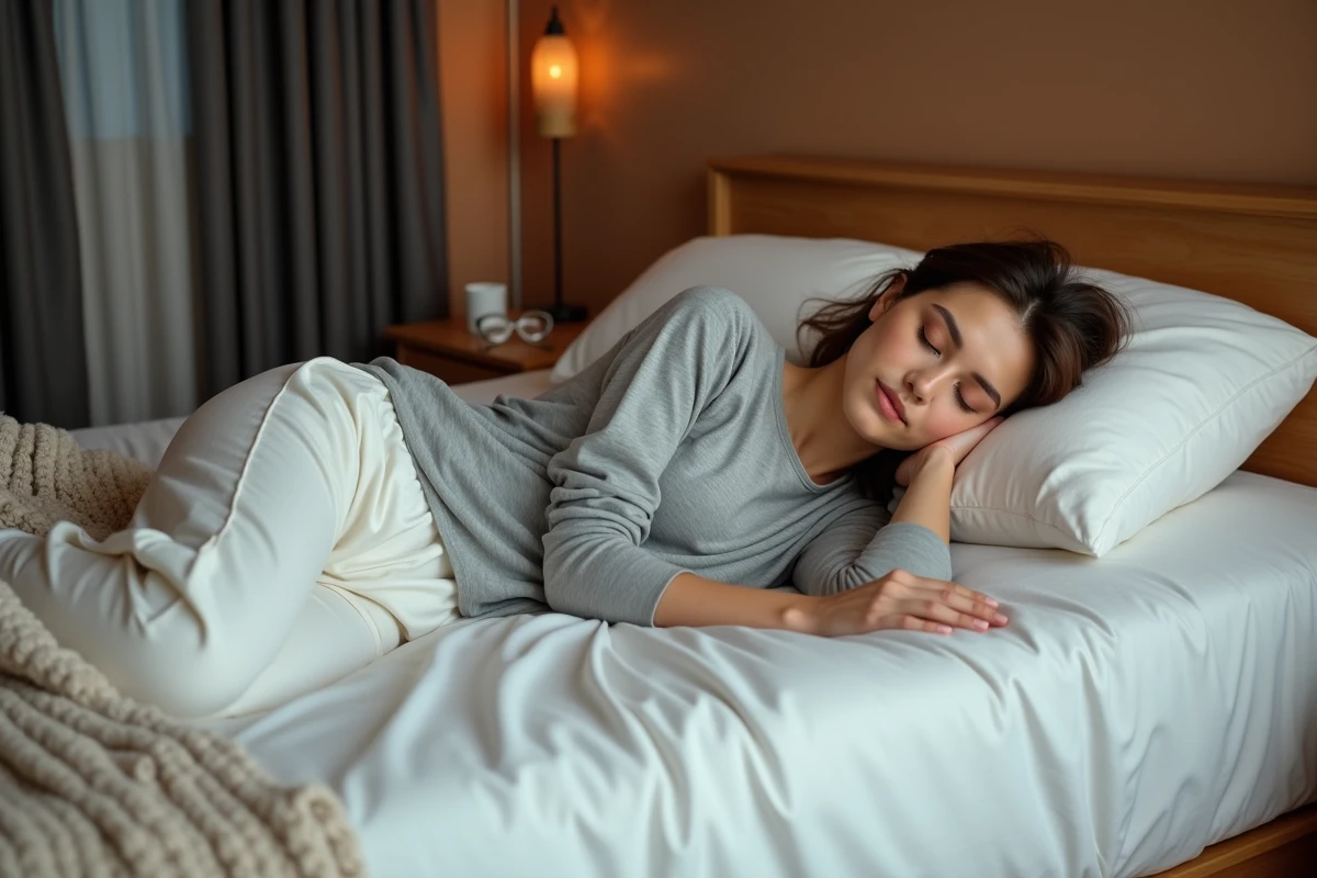 Femme dormant paisiblement sur un matelas Duvivier dans une chambre cosy aux tons chauds