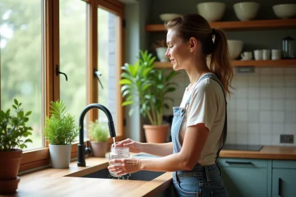 Femme écologique ferme un robinet de cuisine moderne