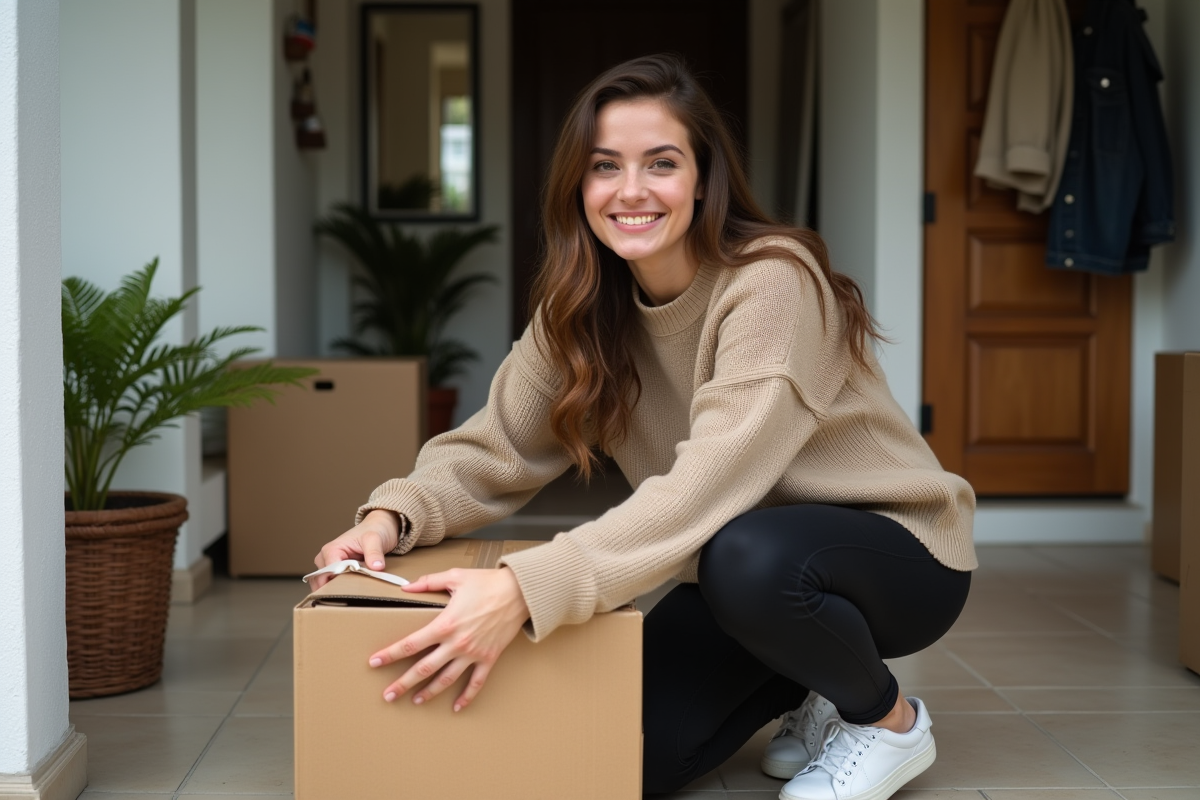 Jeune femme faisant sa valise sur le porche d
