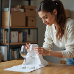 Jeune femme emballant des verres en cuisine dans un appartement