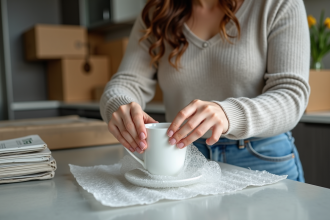 Femme emballant une tasse en porcelaine dans une cuisine moderne