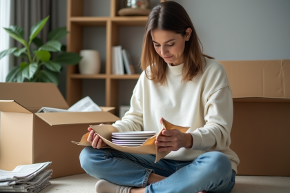 Femme emballant des assiettes dans un salon