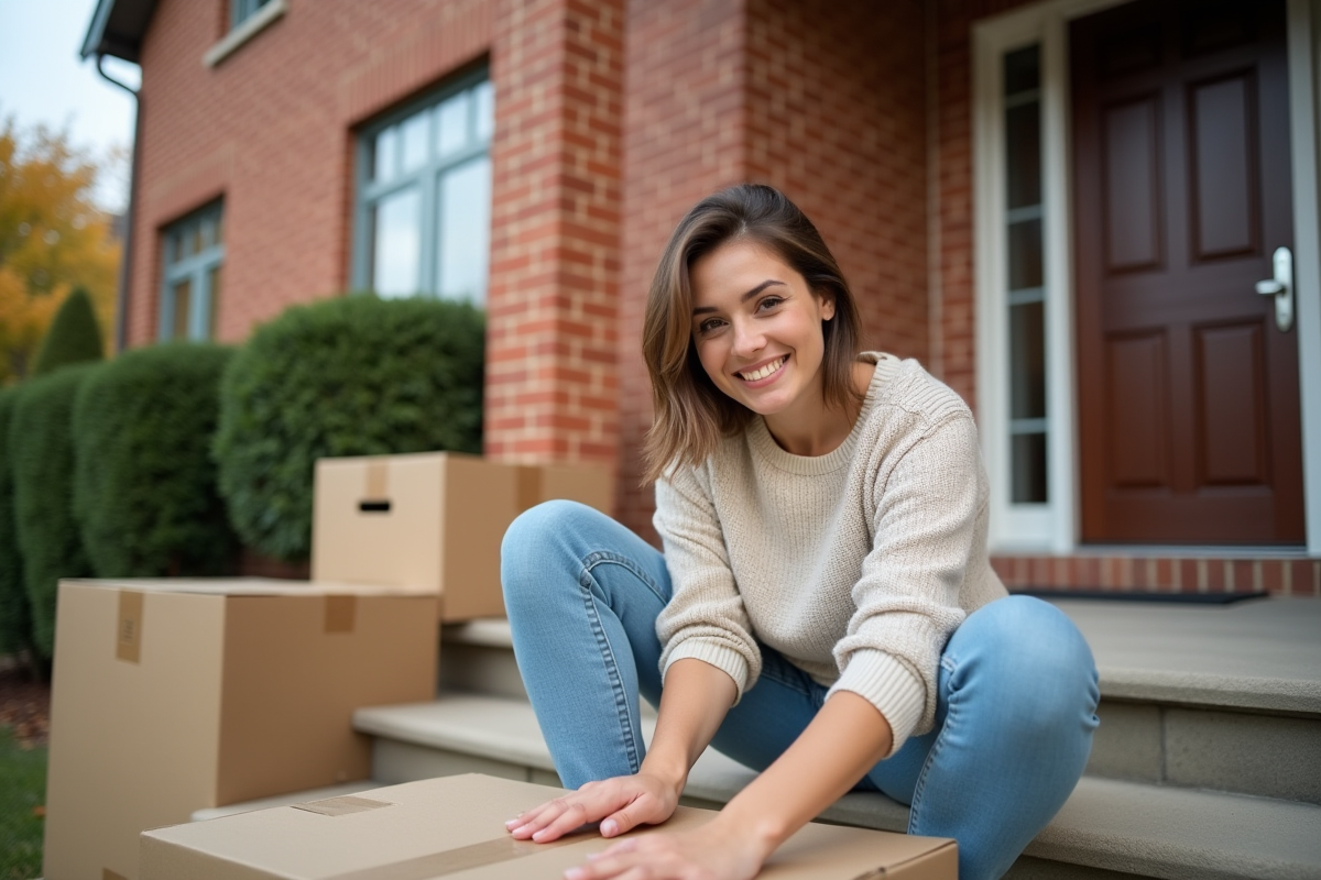 Jeune femme tapant une caisse devant une maison en briques