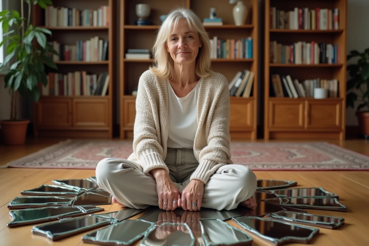 Femme assise entourée d'éclats de miroir brisé disposés en cercle sur un plancher en bois, dans un intérieur chaleureux symbolisant l'acceptation de soi