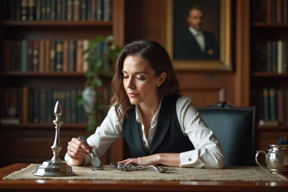 Femme examinant de l'argenterie ancienne avec loupe dans un bureau
