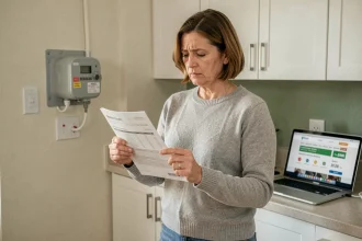 Femme examinant sa facture d'électricité dans une cuisine moderne pour comparer les offres et réduire son budget électricité