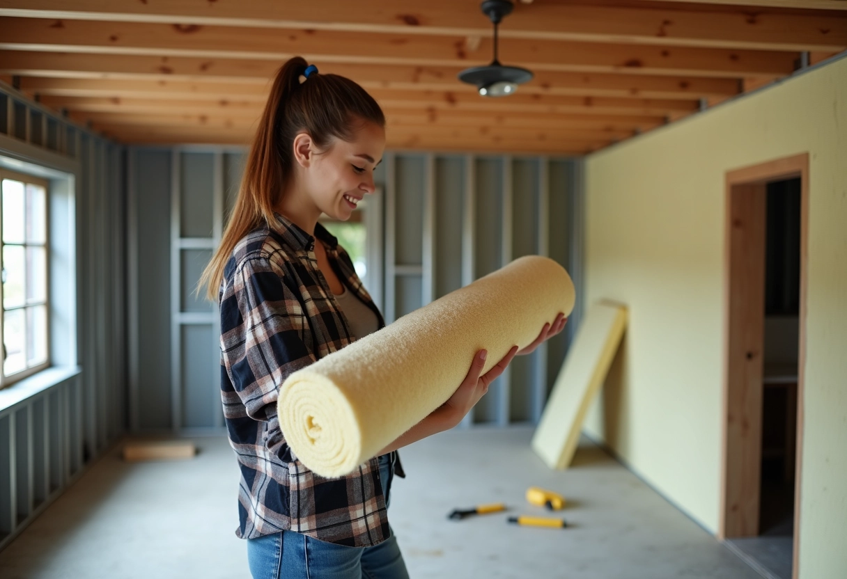 Jeune femme examinant de la laine mineral dans une maison