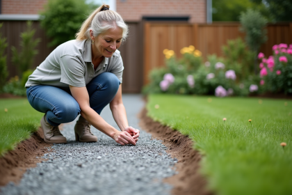 Femme en jardin posant à côté d'un chemin de gravier