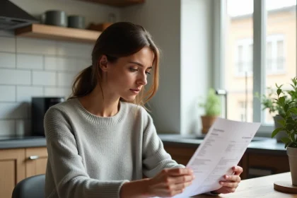 Femme consultant un justificatif de domicile à la table de sa cuisine, comparant des documents administratifs