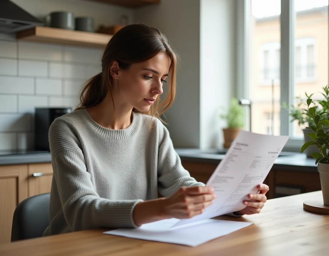 Femme consultant un justificatif de domicile à la table de sa cuisine, comparant des documents administratifs