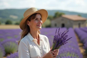 Femme avec chapeau en lavande dans un champ en plein air