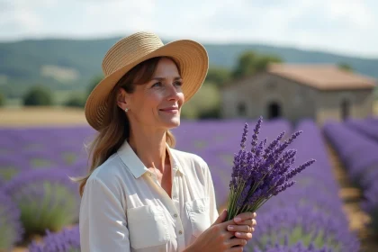 Femme avec chapeau en lavande dans un champ en plein air