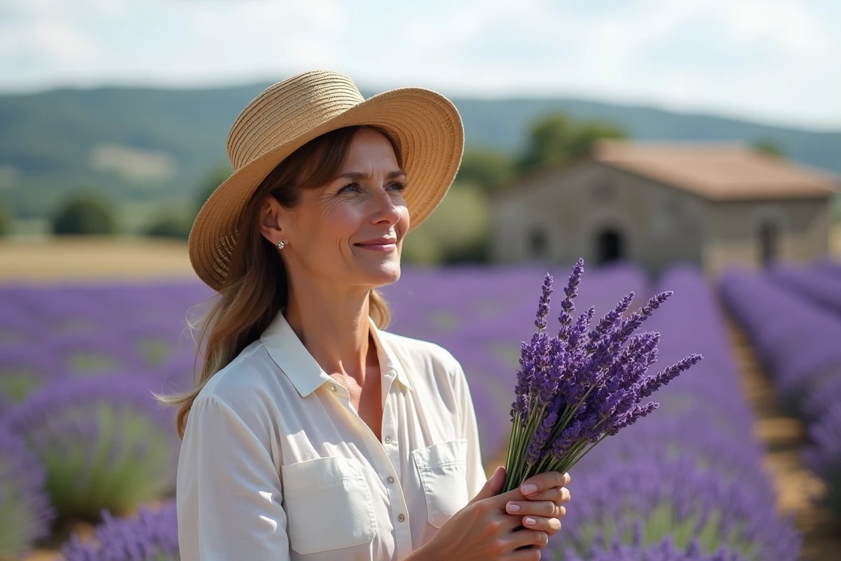 Femme avec chapeau en lavande dans un champ en plein air