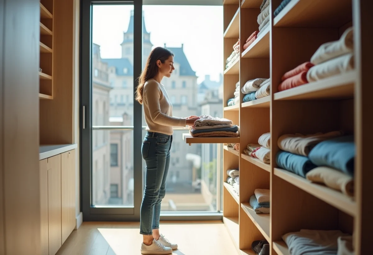 Jeune femme pliant du linge dans un appartement minimaliste
