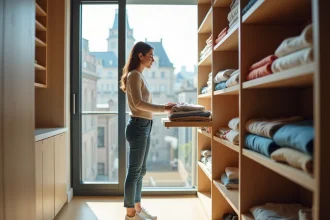 Jeune femme pliant du linge dans un appartement minimaliste