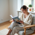 Femme lisant un magazine de design dans un intérieur scandinave