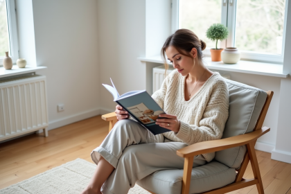 Femme lisant un magazine de design dans un intérieur scandinave