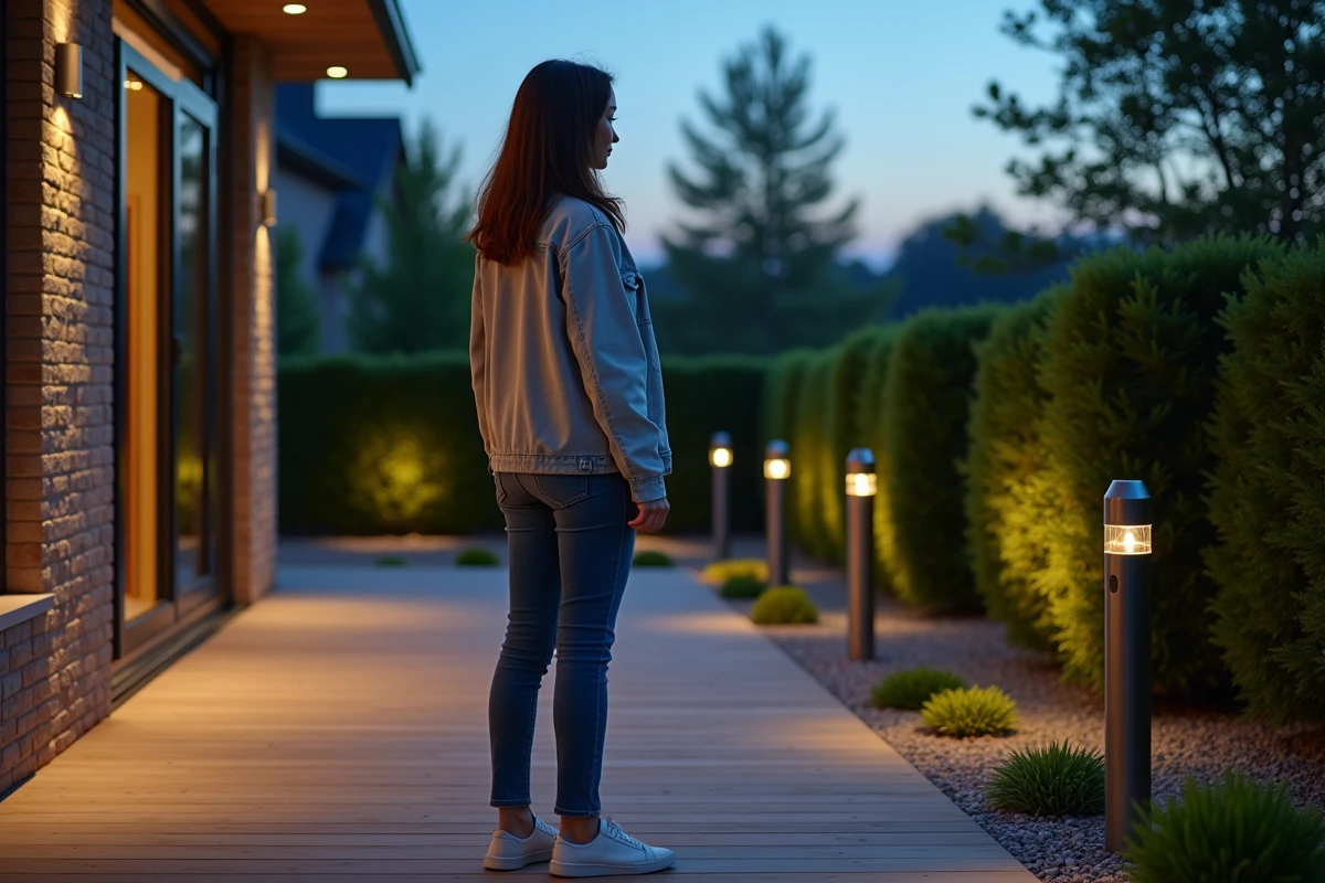 Jeune femme observant les luminaires dans un jardin