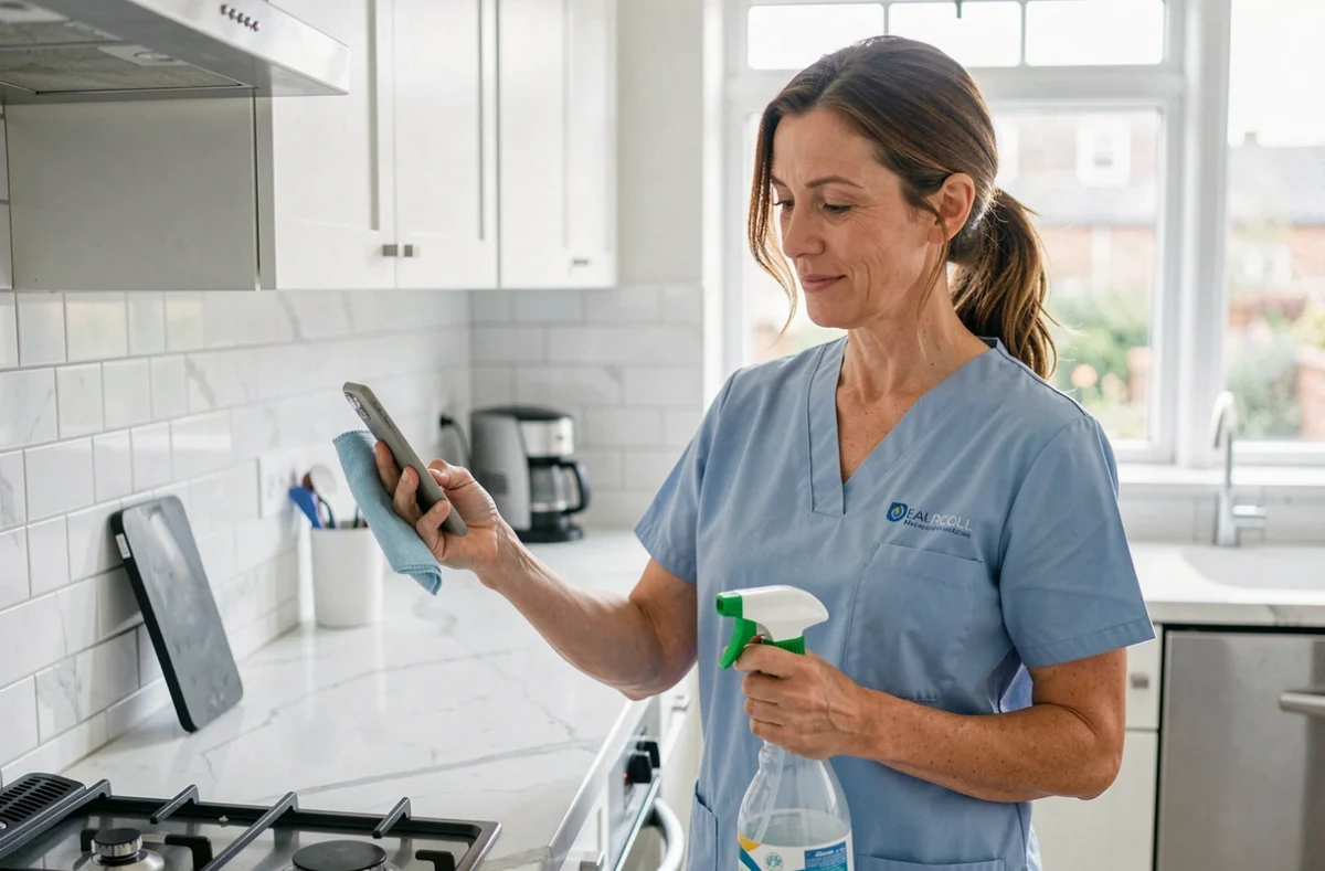 Femme de ménage autoentrepreneur en uniforme bleu dans une cuisine moderne, consultant son téléphone entre deux tâches de nettoyage