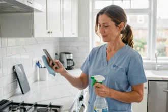 Femme de ménage autoentrepreneur en uniforme bleu dans une cuisine moderne, consultant son téléphone entre deux tâches de nettoyage
