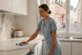 Femme de ménage professionnelle nettoyant un plan de travail dans un appartement moderne à Angers