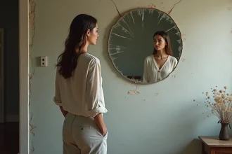 Femme contemplant son reflet fragmenté dans un miroir brisé accroché à un mur de plâtre usé, dans une atmosphère introspective et douce