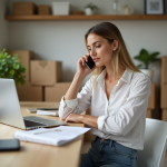 Femme parlant au téléphone dans une cuisine organisée