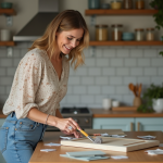 Femme peignant un meuble de cuisine ancien dans une cuisine chaleureuse