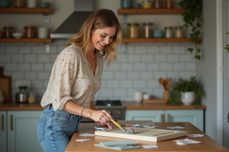 Femme peignant un meuble de cuisine ancien dans une cuisine chaleureuse