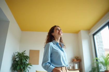 Femme regardant le plafond pastel dans son salon moderne