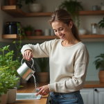 Femme souriante arrosant ses plantes d'intérieur dans une cuisine moderne