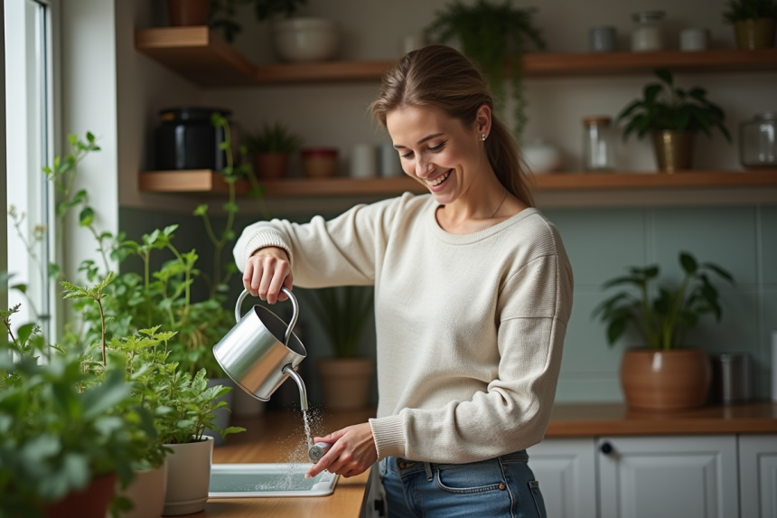 Femme souriante arrosant ses plantes d'intérieur dans une cuisine moderne