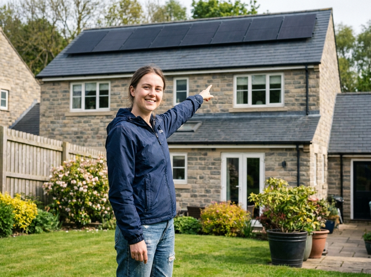 Jeune femme pointant vers un toit en ardoise avec panneaux solaires