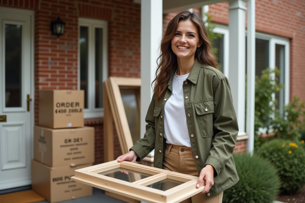Jeune femme examinant des cadres de fenêtres en bois livrés