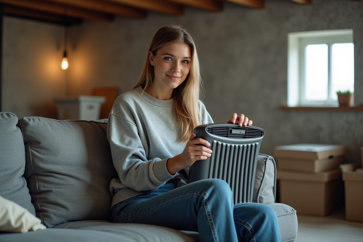 Jeune femme assise sur un canapé tenant un radiateur électrique portable dans un sous-sol