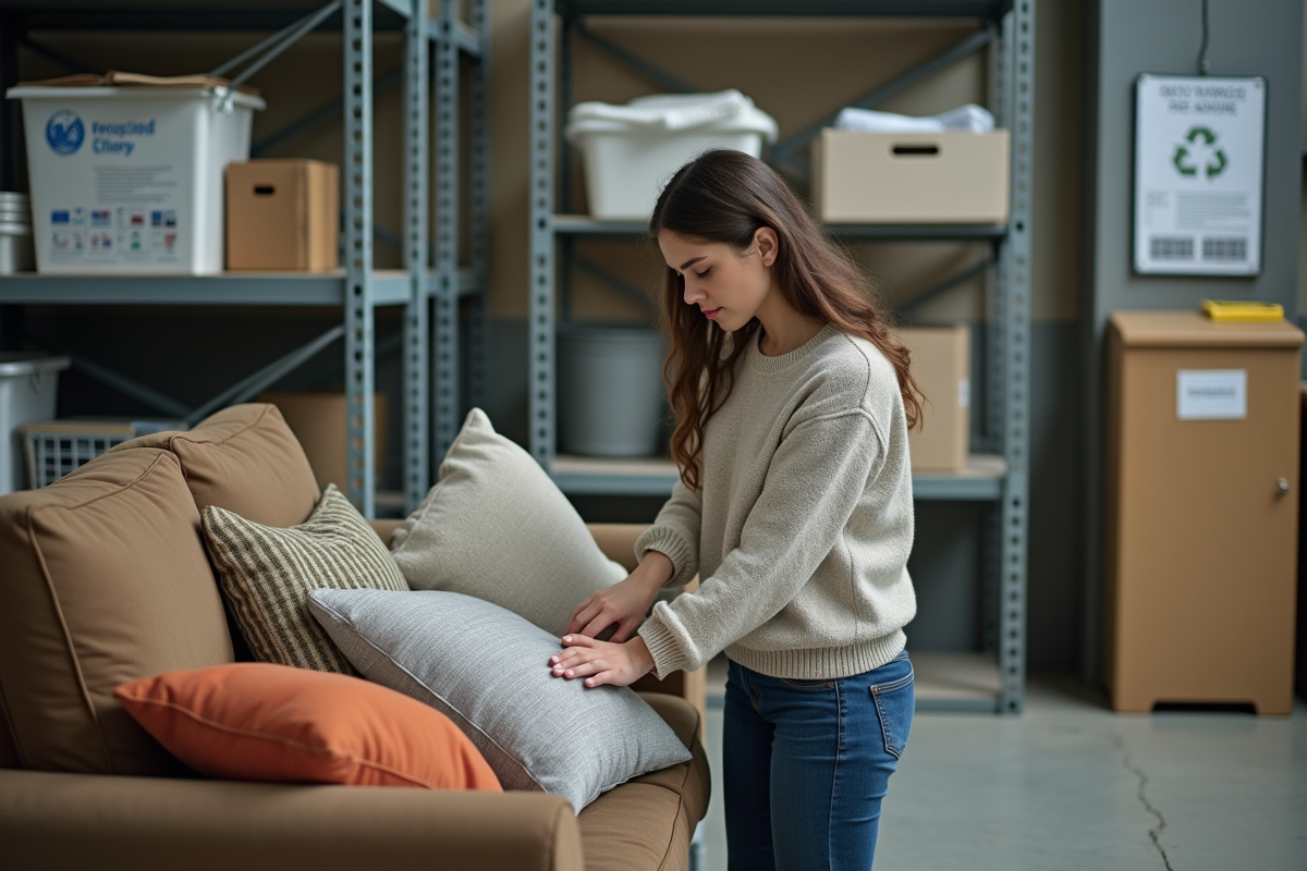Jeune femme arrangeant des coussins sur un sofa dans un centre de recyclage