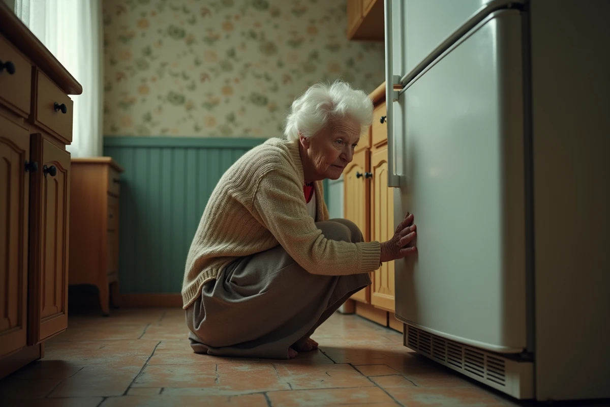 Femme âgée inspectant un vieux réfrigérateur dans la cuisine
