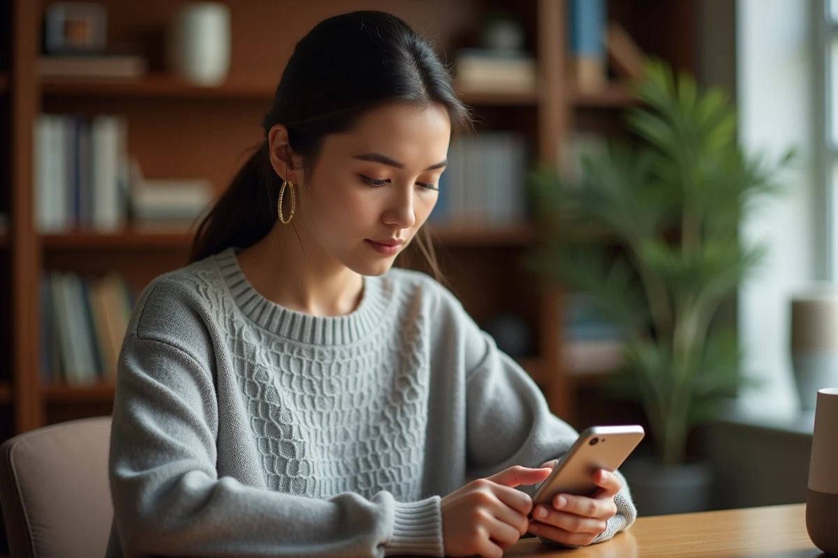 Femme paramétrant l'application Home bubble en français sur son smartphone dans un bureau à domicile