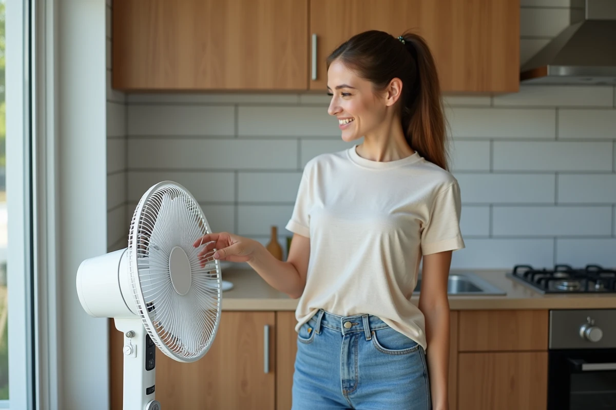 Femme ajustant un ventilateur dans une cuisine lumineuse