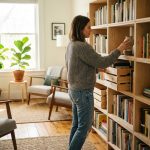 Femme dans la quarantaine réarrange une bibliothèque dans un salon chaleureux