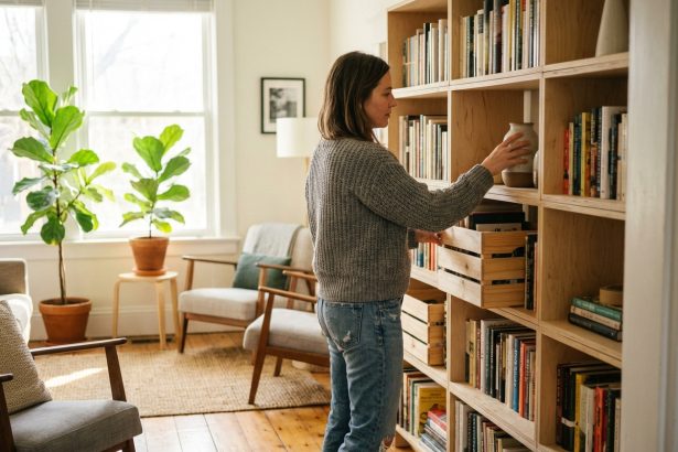 Femme dans la quarantaine réarrange une bibliothèque dans un salon chaleureux