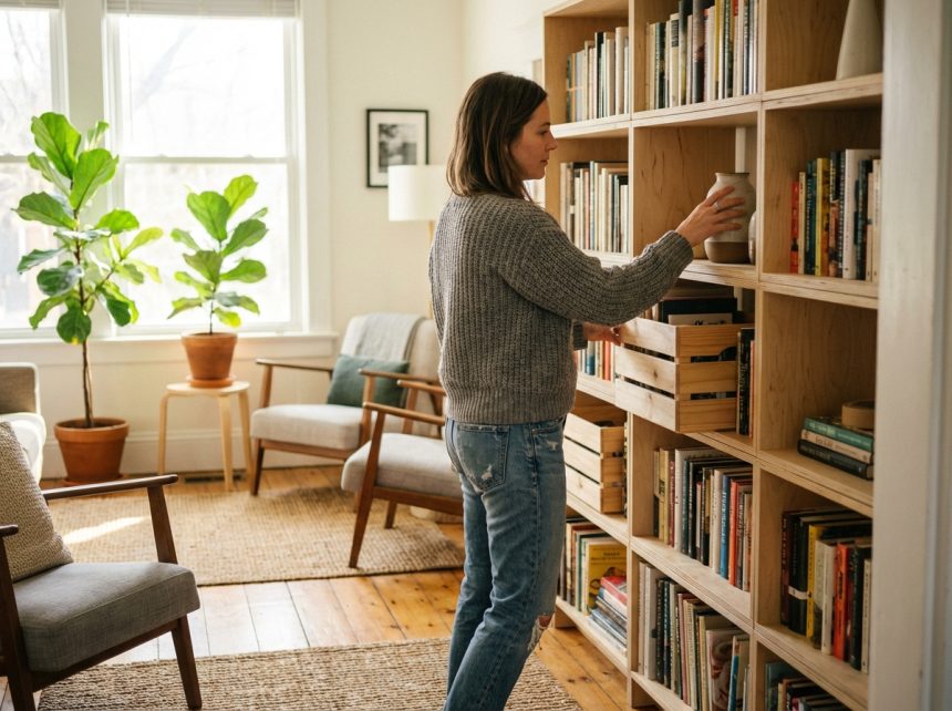 Femme dans la quarantaine réarrange une bibliothèque dans un salon chaleureux