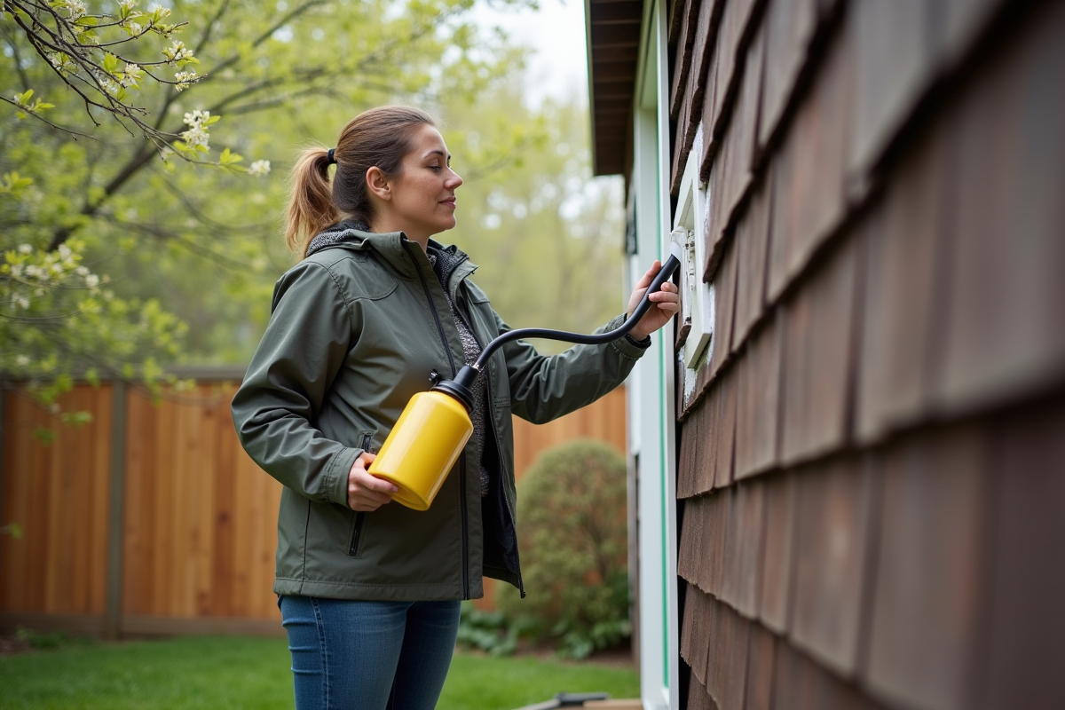 Femme traitant des bardeaux endommagés dans un jardin résidentiel