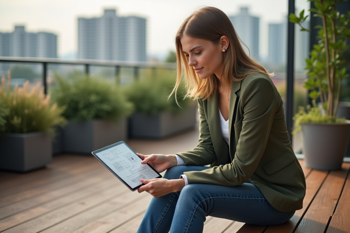 Jeune femme analysant un plan sur une terrasse urbaine