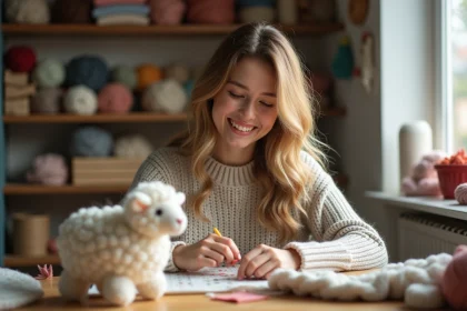 Femme souriante tricotant une peluche mouton dans un atelier chaleureux
