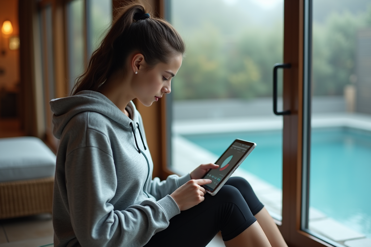 Jeune femme vérifiant la température de la piscine intérieure
