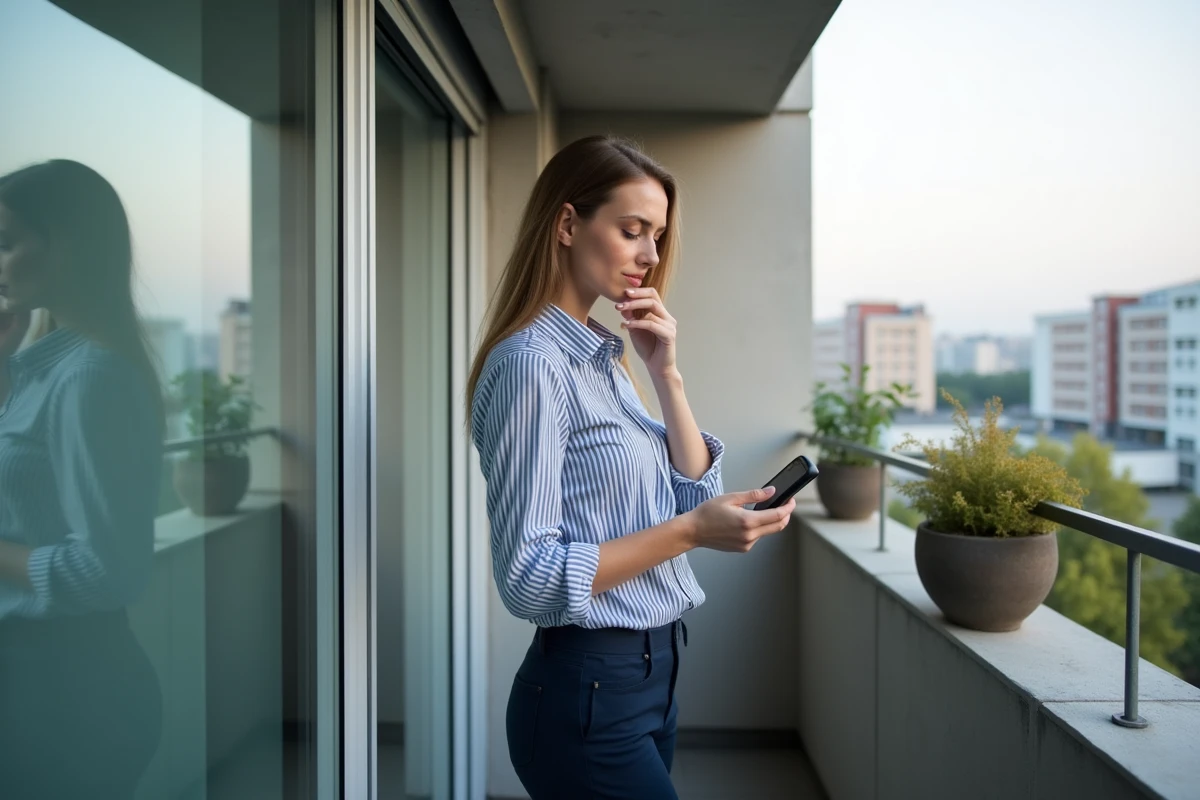 Jeune femme examinant une télécommande de volet extérieur