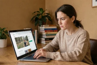 Femme consultant un site e-commerce sur son ordinateur portable pour évaluer sa fiabilité avant de passer commande
