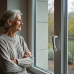 Femme d'âge moyen examinant une grande fenêtre moderne dans son salon
