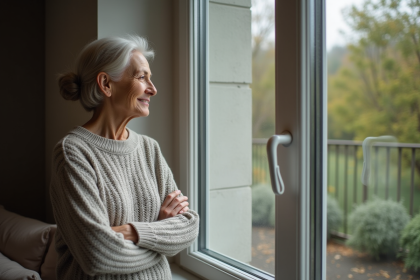 Femme d'âge moyen examinant une grande fenêtre moderne dans son salon